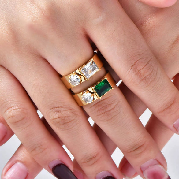 Double Ring Titanium Steel And Stainless Steel With Rectangular And Round Zircon Electroplated 18K Gold Geometric Style