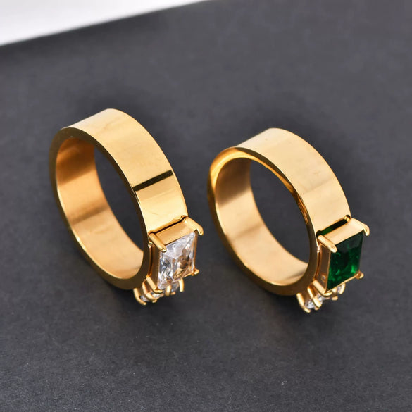 Double Ring Titanium Steel And Stainless Steel With Rectangular And Round Zircon Electroplated 18K Gold Geometric Style