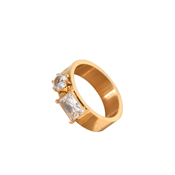 Double Ring Titanium Steel And Stainless Steel With Rectangular And Round Zircon Electroplated 18K Gold Geometric Style