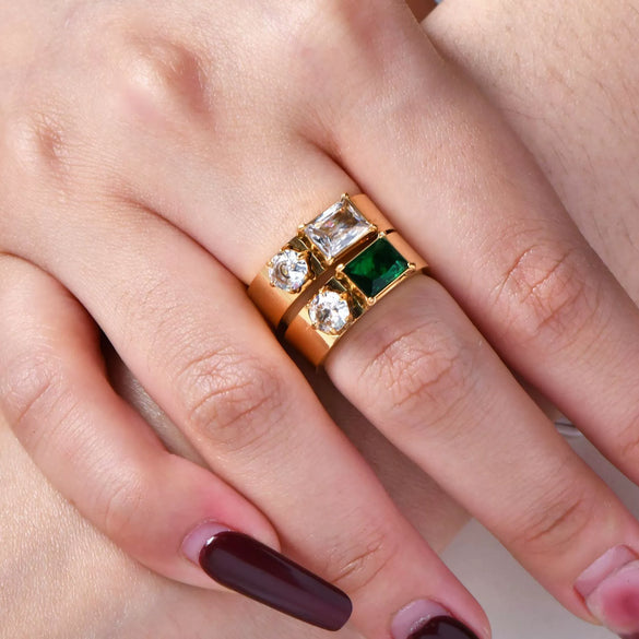 Double Ring Titanium Steel And Stainless Steel With Rectangular And Round Zircon Electroplated 18K Gold Geometric Style