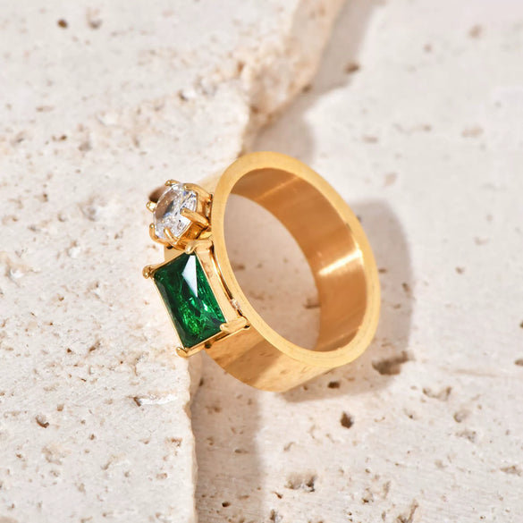 Double Ring Titanium Steel And Stainless Steel With Rectangular And Round Zircon Electroplated 18K Gold Geometric Style