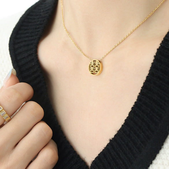 Double Sided Hollow Out Ti Steel Necklace With Geometric Letter Number And Text Pattern Electroplated Women's Niche Design Non Fading Pendant Necklace