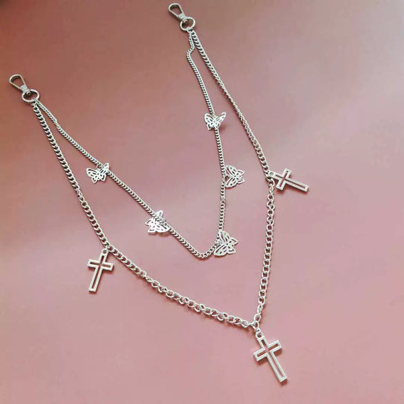 Doublelayer Combination Butterfly Cross Pants Chain Decoration Belt Men's Punk Hiphop Metal Waist Chain Accessories