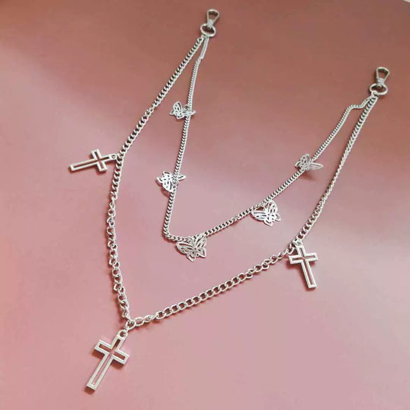 Doublelayer Combination Butterfly Cross Pants Chain Decoration Belt Men's Punk Hiphop Metal Waist Chain Accessories
