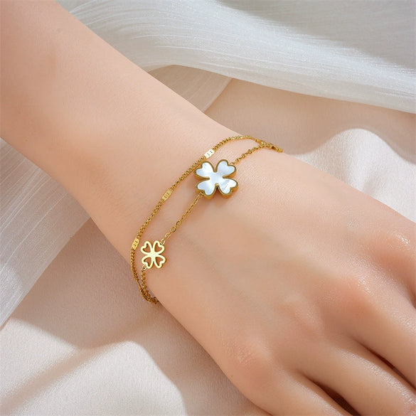 Doublelayer Fourleaf Clover Heart Cartoon Style Titanium Steel Electroplated Women's Bracelet