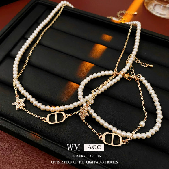 Doublelayer Imitation Pearl Jewelry Set With Stars Sun And Moon Clouds Universe Pattern Electroplated Bracelet And Necklace For Women