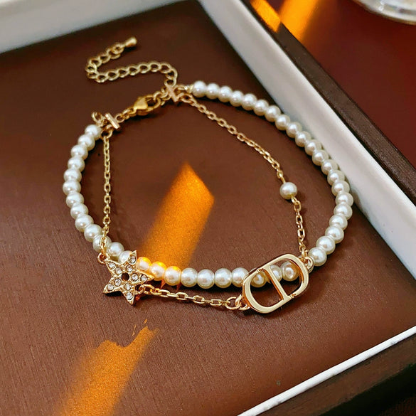Doublelayer Imitation Pearl Jewelry Set With Stars Sun And Moon Clouds Universe Pattern Electroplated Bracelet And Necklace For Women
