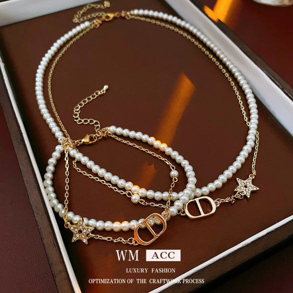 Doublelayer Imitation Pearl Jewelry Set With Stars Sun And Moon Clouds Universe Pattern Electroplated Bracelet And Necklace For Women