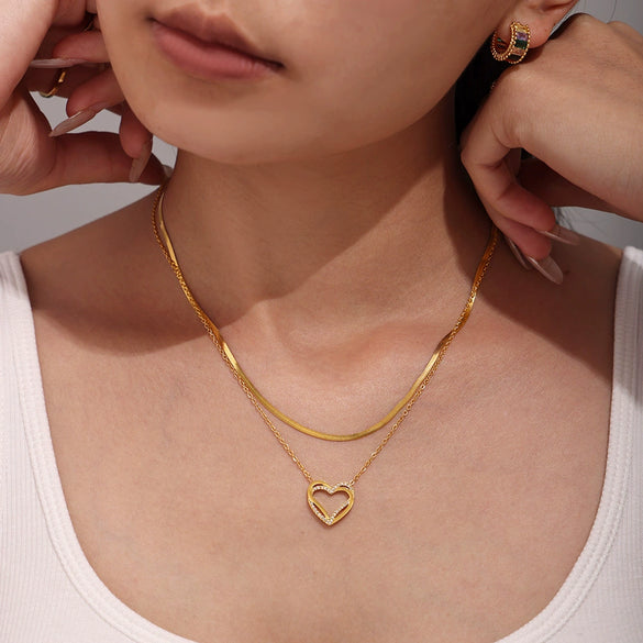 Doublelayer Love Inlaid Zircon Clavicle Necklace Bracelet Set Stainless Steel With Pvd Gold Plated Sweet Style For Women