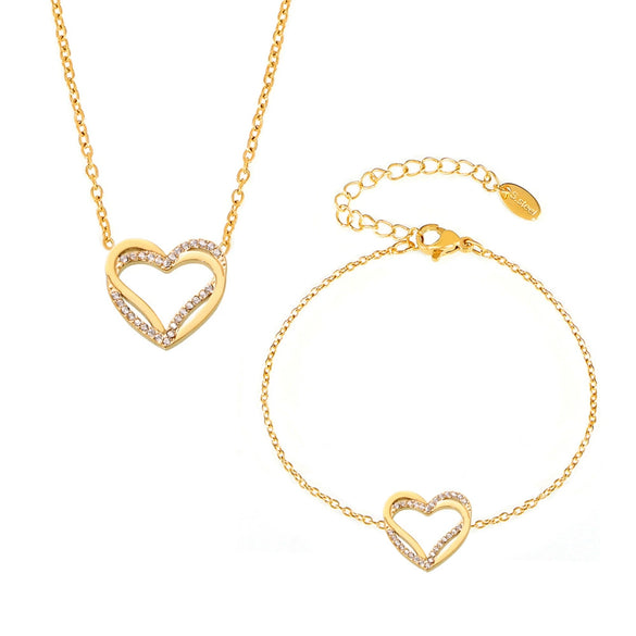 Doublelayer Love Inlaid Zircon Clavicle Necklace Bracelet Set Stainless Steel With Pvd Gold Plated Sweet Style For Women