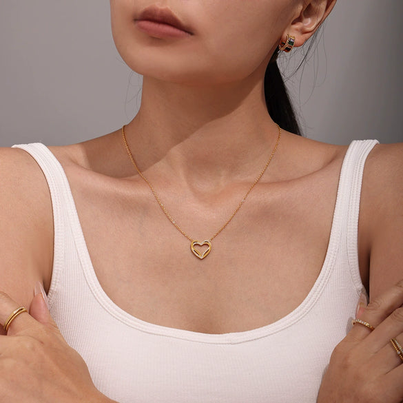 Doublelayer Love Inlaid Zircon Clavicle Necklace Bracelet Set Stainless Steel With Pvd Gold Plated Sweet Style For Women