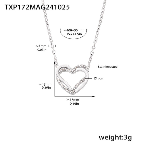 Doublelayer Love Inlaid Zircon Clavicle Necklace Bracelet Set Stainless Steel With Pvd Gold Plated Sweet Style For Women