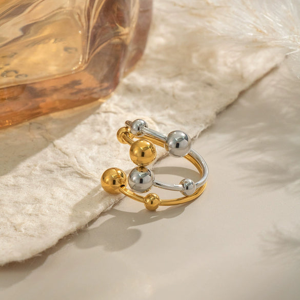 Doublelayer Open Geometric Ball Ring In Gold And Silver Color Matching Nonfading Waterproof Titanium Steel Hand Jewelry For Women With Electroplating Process
