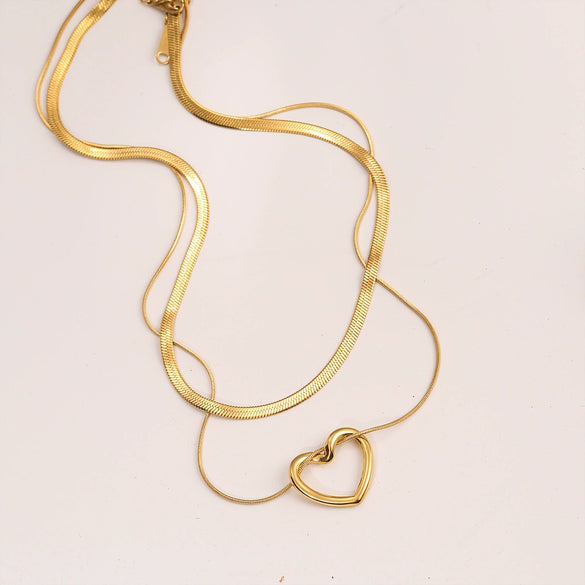 Doublelayer Overlapped Hollow Love Titanium Steel Snake Bone Chain Necklace With Polishing Neutral Style Allmatch