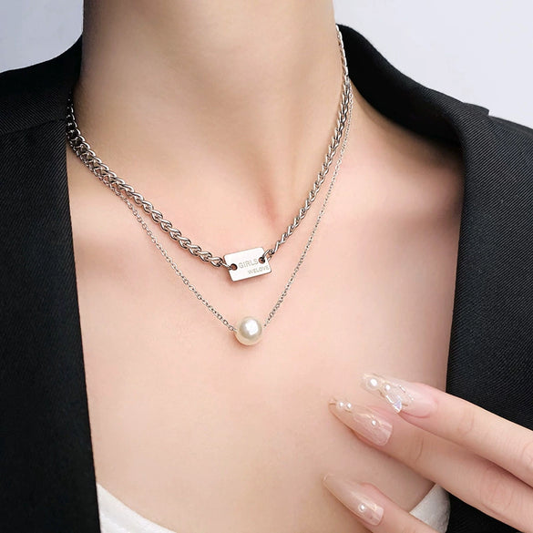 Doublelayer Pearl Titanium Steel Necklace For Women Laser Engraving Letters Numbers Text Light Luxury Trendy Allmatch Clavicle Chain Highgrade Jewelry