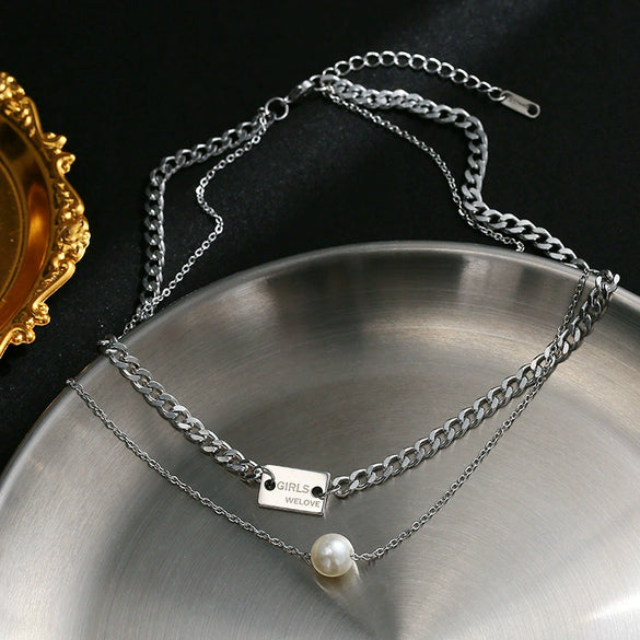 Doublelayer Pearl Titanium Steel Necklace For Women Laser Engraving Letters Numbers Text Light Luxury Trendy Allmatch Clavicle Chain Highgrade Jewelry