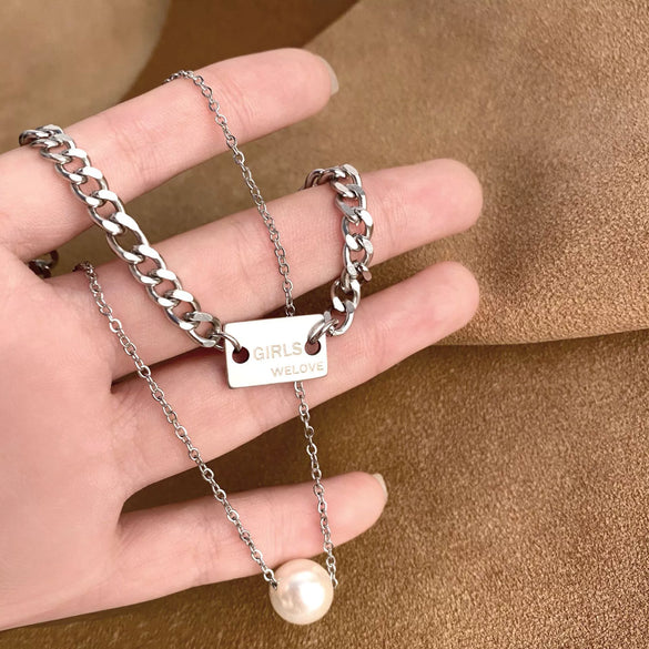 Doublelayer Pearl Titanium Steel Necklace For Women Laser Engraving Letters Numbers Text Light Luxury Trendy Allmatch Clavicle Chain Highgrade Jewelry