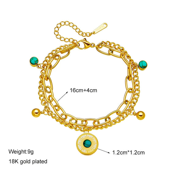 Doublelayer Retro Gold Titanium Steel Round Pendant Bracelet For Women With Electroplating Treatment