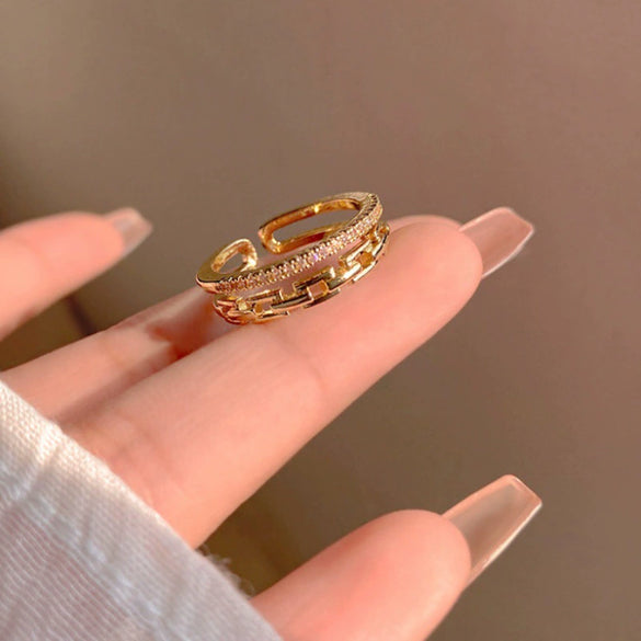 Doublelayer Rhinestone Ring For Women Geometric Light Luxury Electroplated