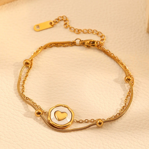 Doublelayer Round Snake Beads Love Pendant Jewelry Women's Anklet Stainless Steel Heart Shape Acrylic Inlay