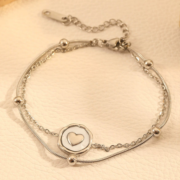 Doublelayer Round Snake Beads Love Pendant Jewelry Women's Anklet Stainless Steel Heart Shape Acrylic Inlay