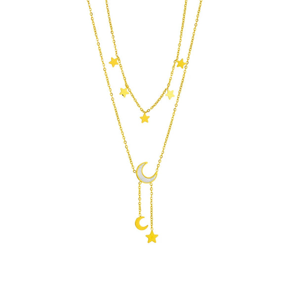 Doublelayer Stacked White Shell Star Moon Geometric Titanium Steel Tassel Clavicle Chain Necklace With Electroplating For Women