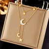 Doublelayer Stacked White Shell Star Moon Geometric Titanium Steel Tassel Clavicle Chain Necklace With Electroplating For Women