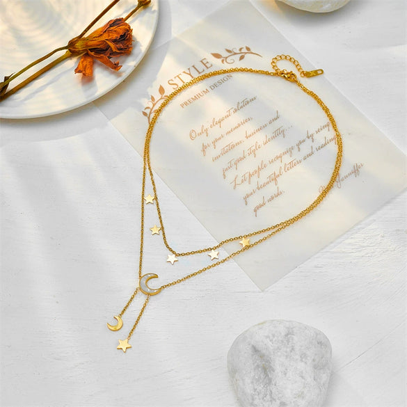 Doublelayer Stacked White Shell Star Moon Geometric Titanium Steel Tassel Clavicle Chain Necklace With Electroplating For Women