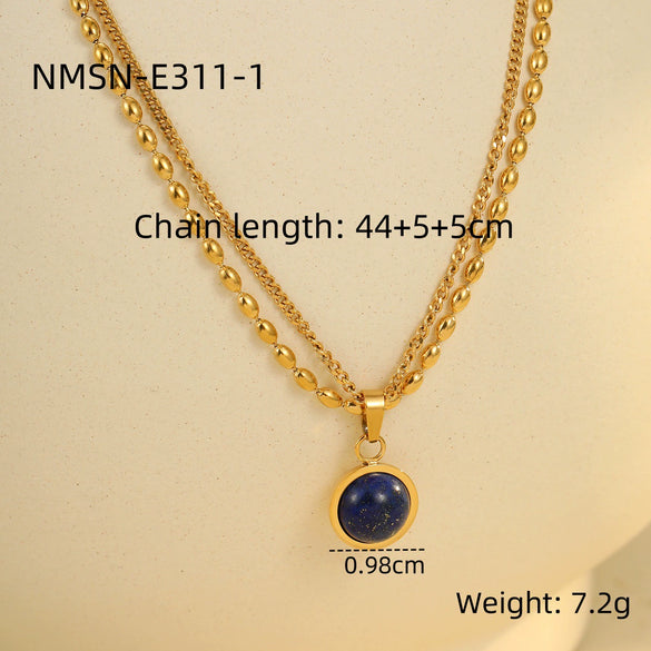 Doublelayer Stainless Steel Lapis Lazuli Geometric Pendant Necklace For Women Electroplated Fashion Jewelry