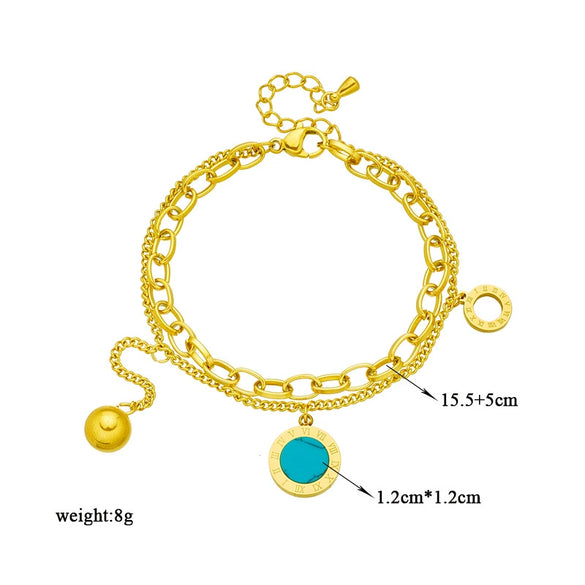 Doublelayer Titanium Steel Chain With Roman Round Turquoise Pendant Geometric Electroplated Unisex Jewelry Bracelet