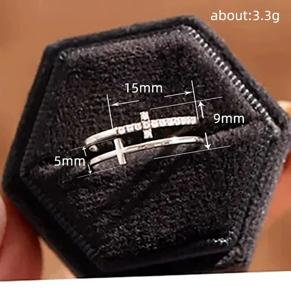 Doublelayer Women's Geometric Copper Ring With Zirconia Design Niche Fashionable Style