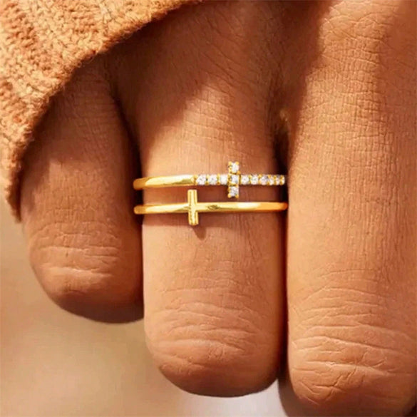 Doublelayer Women's Geometric Copper Ring With Zirconia Design Niche Fashionable Style