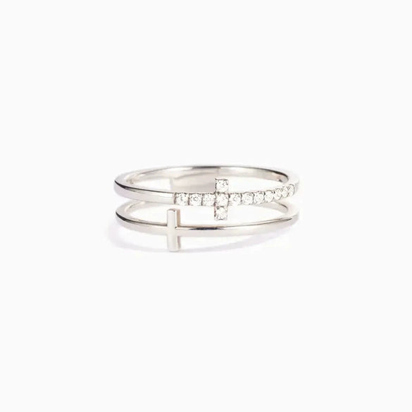 Doublelayer Women's Geometric Copper Ring With Zirconia Design Niche Fashionable Style