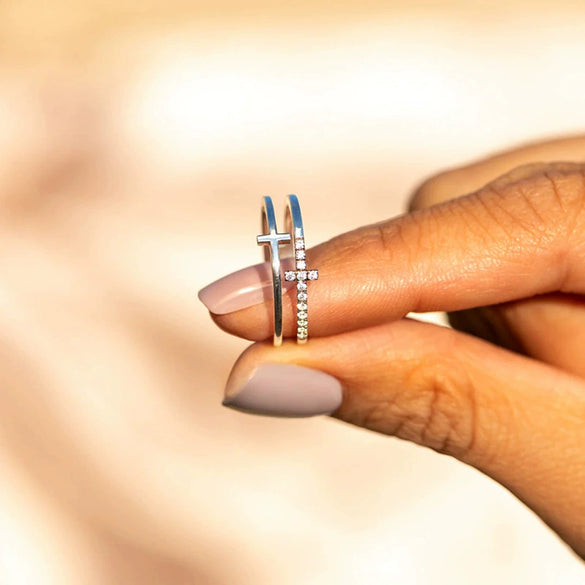 Doublelayer Women's Geometric Copper Ring With Zirconia Design Niche Fashionable Style