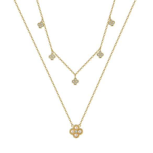 Doublelayered Freshwater Pearl Clavicle Chain Fourleaf Clover Sterling Silver Women's Necklace