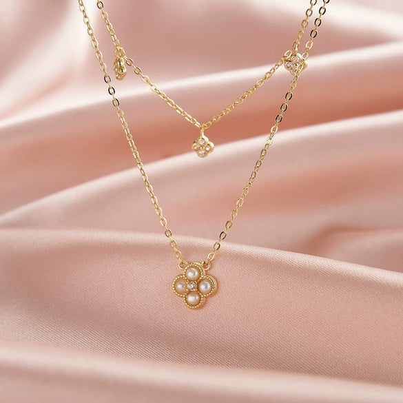 Doublelayered Freshwater Pearl Clavicle Chain Fourleaf Clover Sterling Silver Women's Necklace