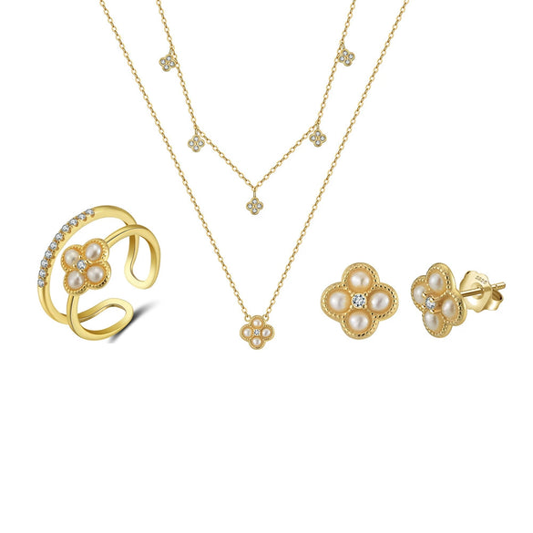 Doublelayered Freshwater Pearl Clavicle Chain Fourleaf Clover Sterling Silver Women's Necklace