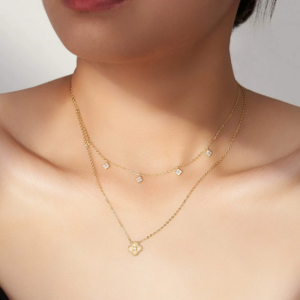 Doublelayered Freshwater Pearl Clavicle Chain Fourleaf Clover Sterling Silver Women's Necklace