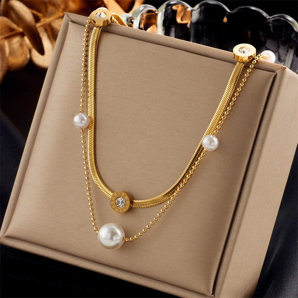Doublelayered Pearl Roman Numeral Round Plate With Diamond Accessories Titanium Steel Elegant Retro Clavicle Necklace Electroplated