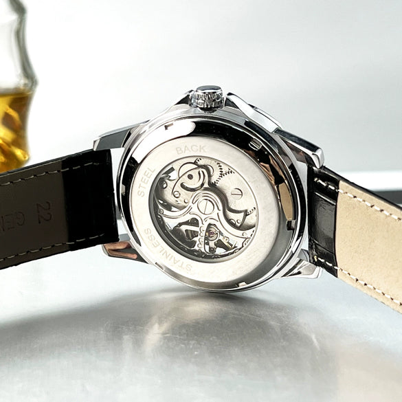 Doublesided Hollow Automatic Mechanical Men's Watch With Genuine Leather Strap Sapphire Crystal Glass Mirror Alloy Case Stainless Steel Pin Buckle And Round Dial