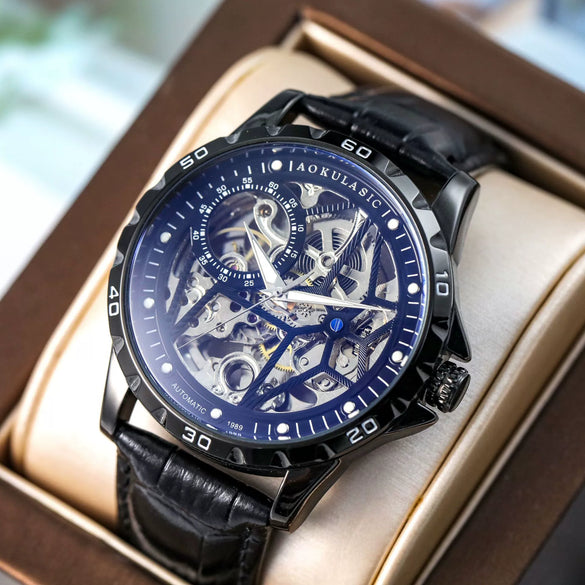 Doublesided Hollow Automatic Mechanical Men's Watch With Genuine Leather Strap Sapphire Crystal Glass Mirror Alloy Case Stainless Steel Pin Buckle And Round Dial