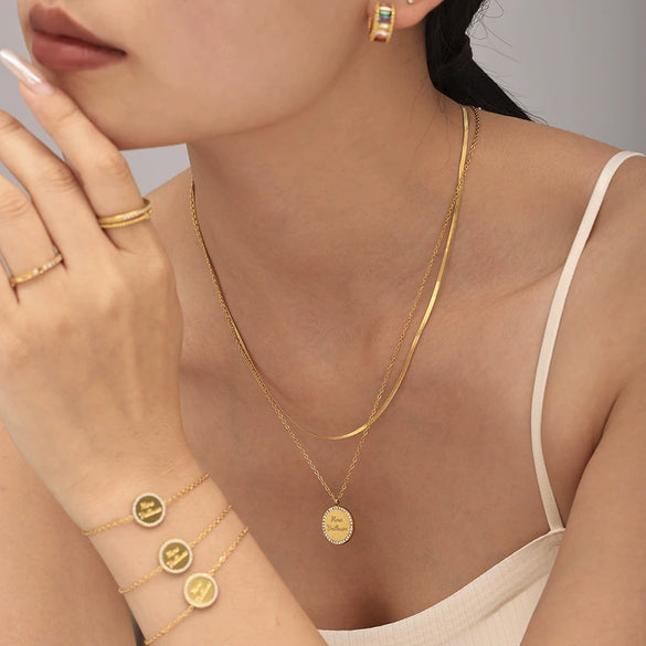 Doublesided Letter Overlapping Clavicle Necklace Bracelet Set Stainless Steel Diamondencrusted Electroplated For Women