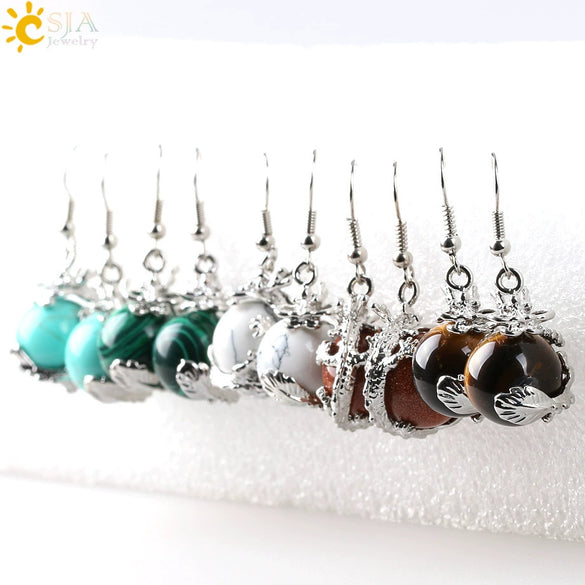 Dragon Winding Around Bead Drop Earrings In Natural Stone And Copper Multicolor Minimalist Jewelry For Women