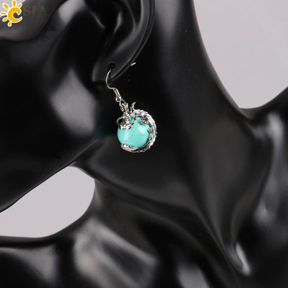 Dragon Winding Around Bead Drop Earrings In Natural Stone And Copper Multicolor Minimalist Jewelry For Women