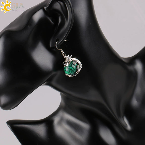 Dragon Winding Around Bead Drop Earrings In Natural Stone And Copper Multicolor Minimalist Jewelry For Women