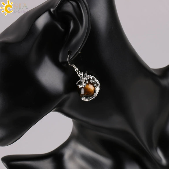Dragon Winding Around Bead Drop Earrings In Natural Stone And Copper Multicolor Minimalist Jewelry For Women