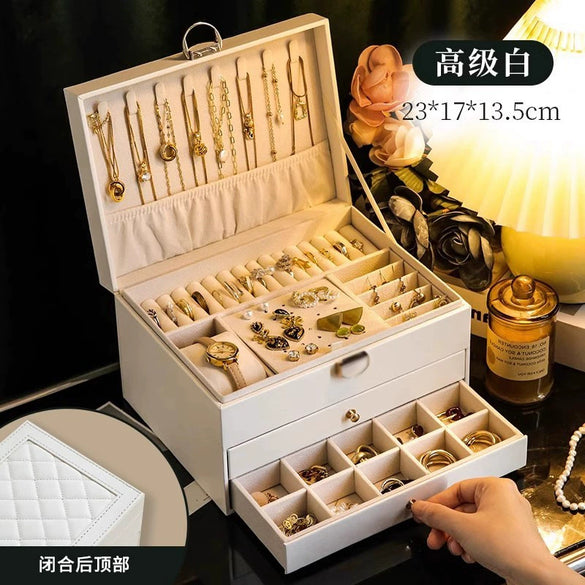 Drawer Type Leather Jewelry Box With Diamond Pattern And Lock