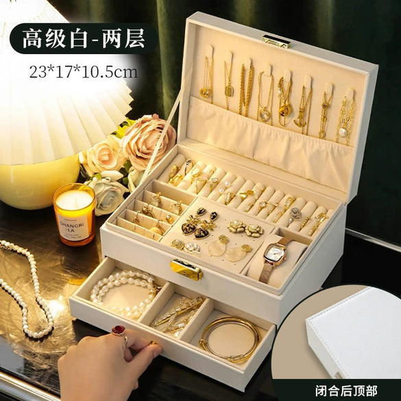 Drawer Type Leather Jewelry Box With Diamond Pattern And Lock