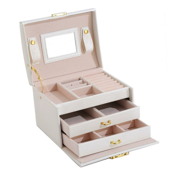 Drawer Type Leather Jewelry Box With Diamond Pattern And Lock