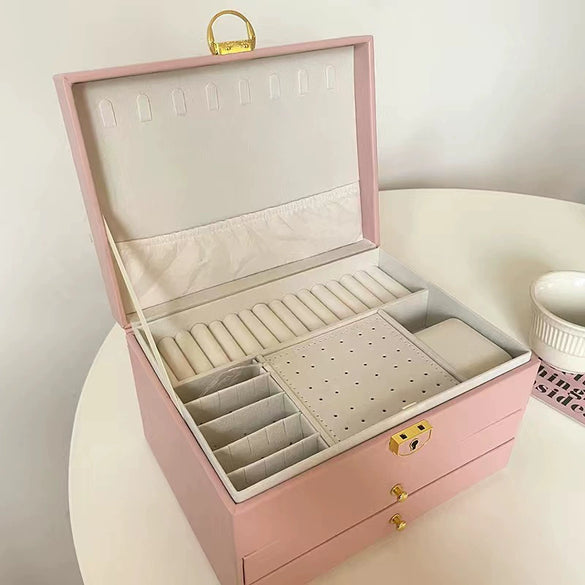Drawer Type Leather Jewelry Box With Diamond Pattern And Lock